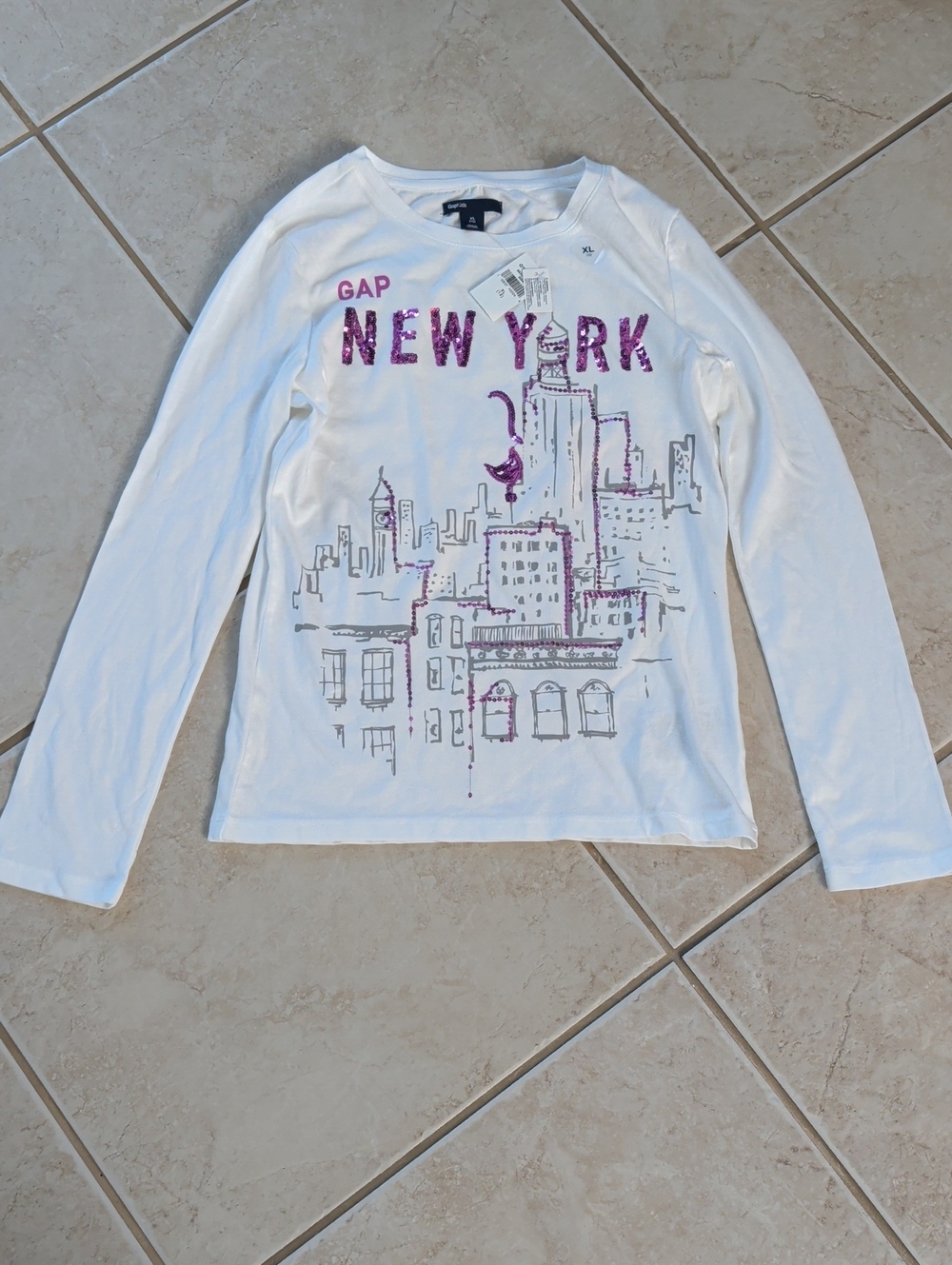 GAP White Long-Sleeve Tee with Pink Sequin 'New York' Graphic Girl Size 12